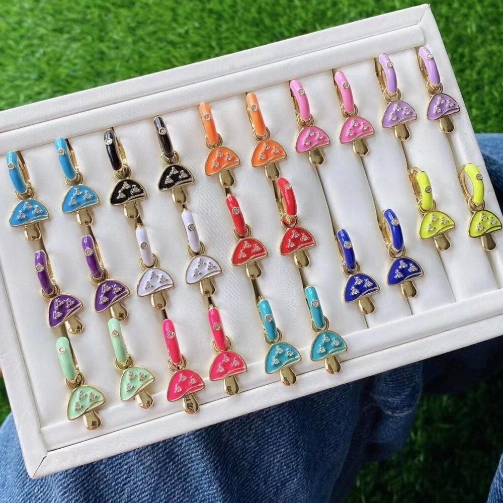 Gold Plated Rainbow Colored Enamel Mushroom Capped Huggie Hoop Festival Earrings